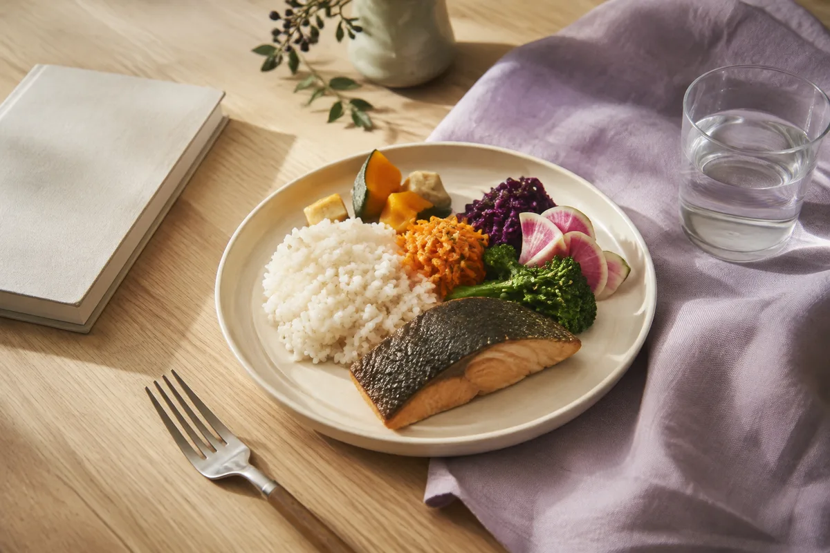 ごはん、魚、野菜を盛り付けた日常の食卓