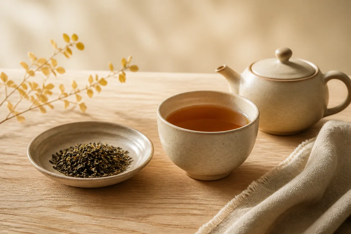 陶器の茶器と茶葉、あたたかな色の茶湯