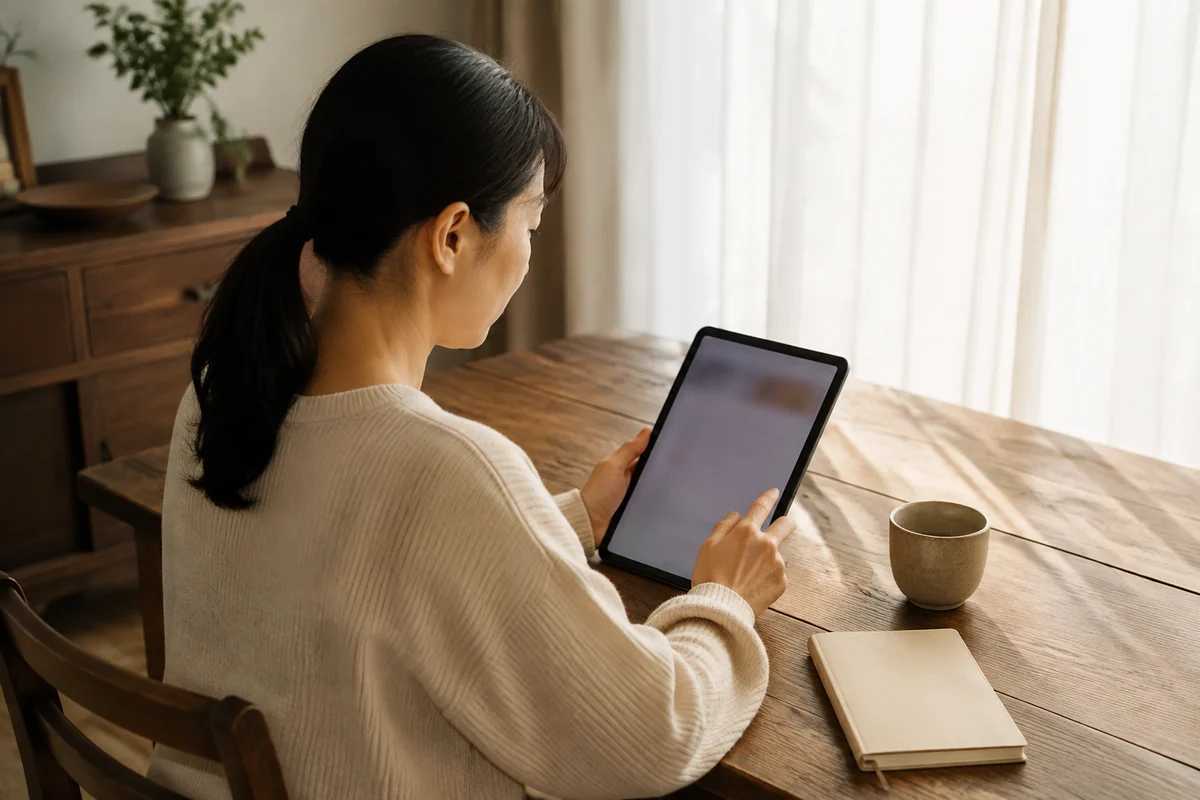 自宅でタブレットを見る女性のイメージ