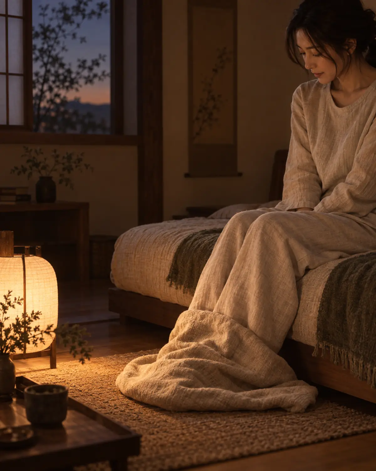 足をリネンの毛布で包み、寝台の縁に座る女性のイメージ