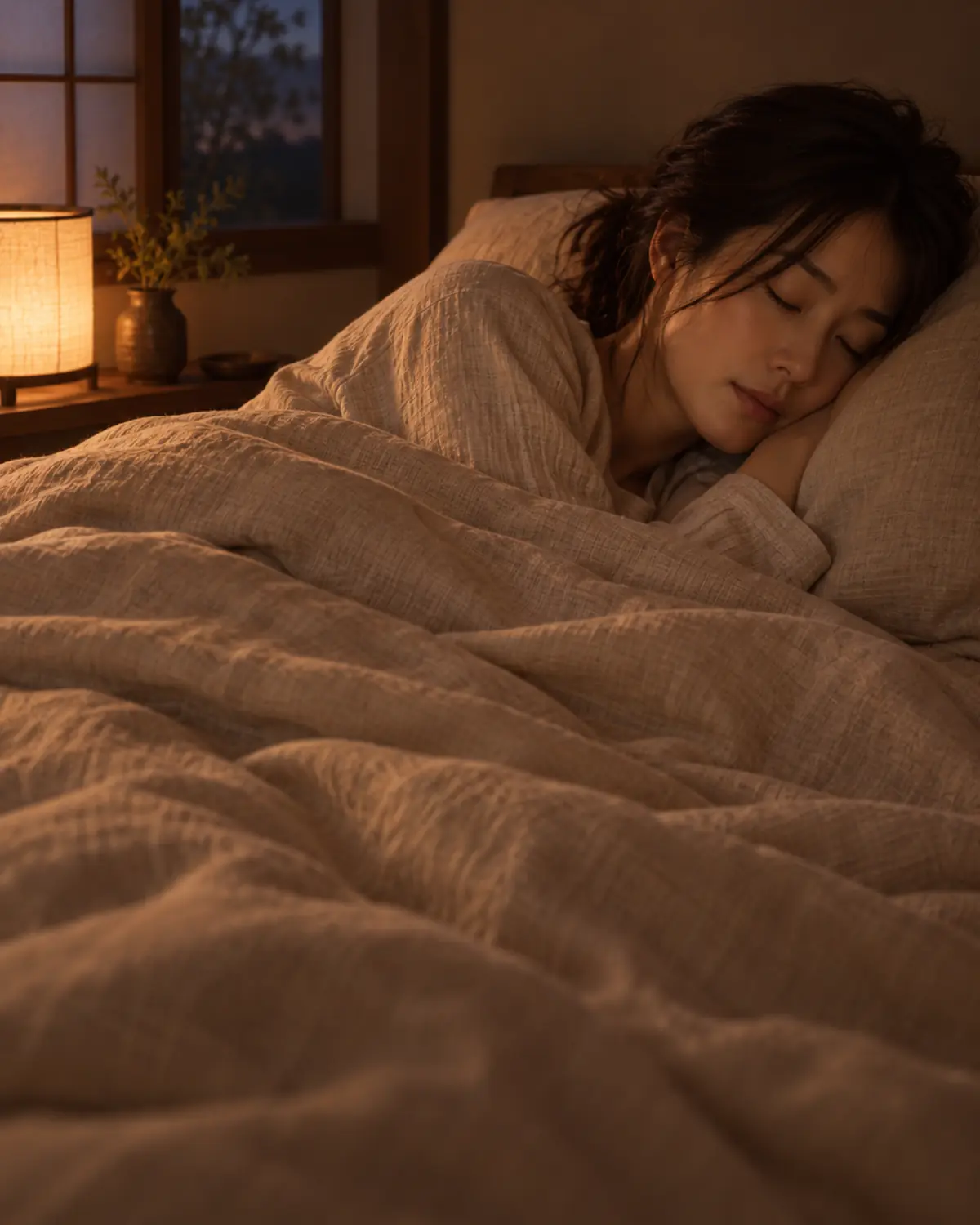 枕元の灯りのそばで、横向きに目を閉じる女性のイメージ
