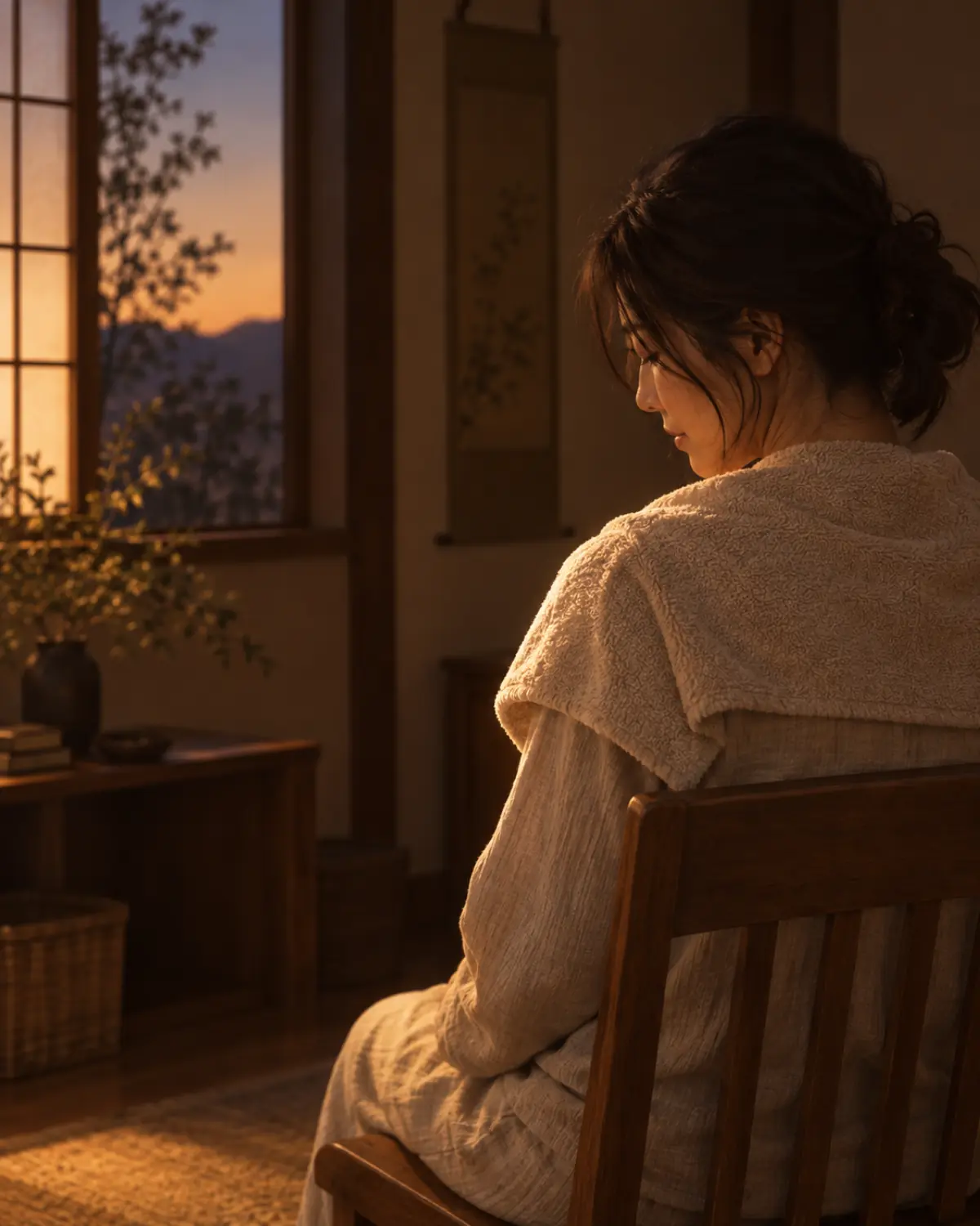 肩にタオルを掛け、木の椅子に座る女性のイメージ