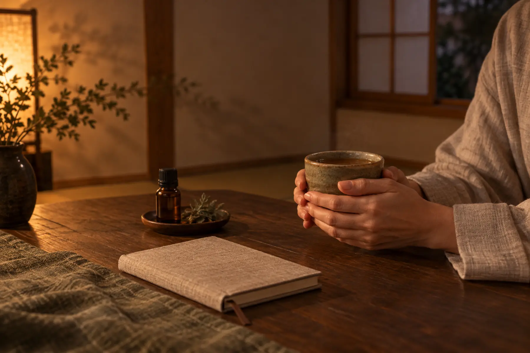 茶碗を持つ手と、木の卓上に置いた精油瓶とノートのイメージ