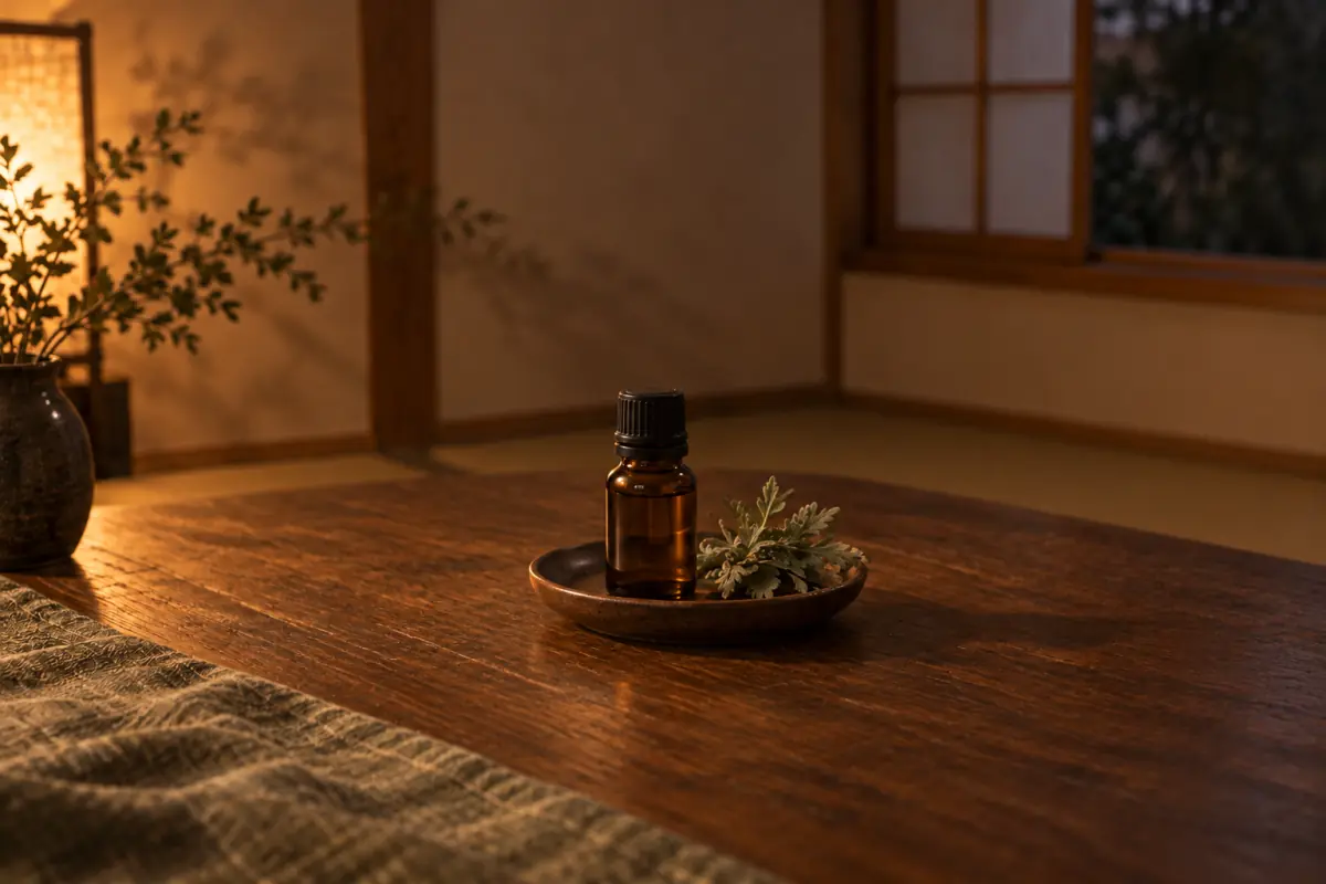 木の卓上に置いた琥珀色の精油瓶と小さな葉のイメージ