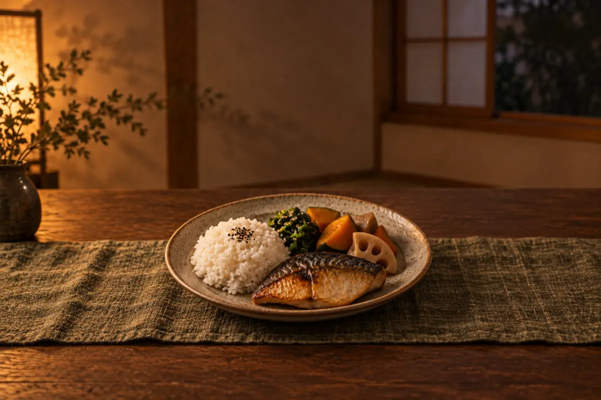 木の卓上で、米飯と焼き魚、野菜を一皿に盛り付けた食事のイメージ