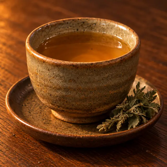 木の卓上に置いた陶器の茶碗と茶葉のイメージ