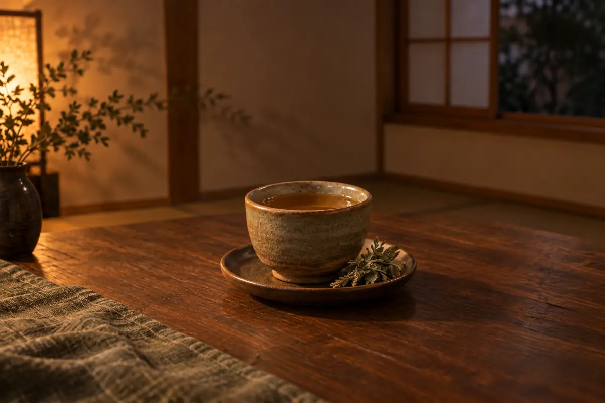 木の卓上に置いた陶器の茶碗と茶葉のイメージ